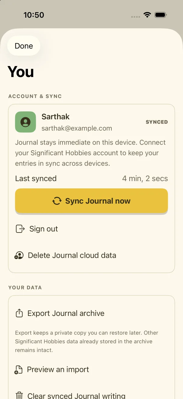 Journal account, sync, and archive controls on iPhone