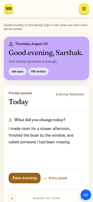 Journal on a phone, open to today’s private evening entry