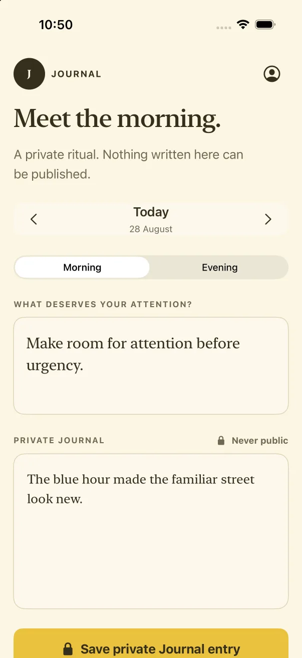 Journal Today screen with morning and evening controls